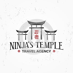 Vintage Japan temple Logo. Ninja insignia badge design. Martial art Team t-shirt illustration concept on grunge