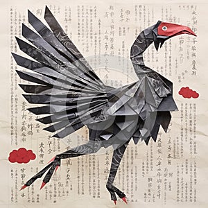 Vintage Japanese Photography Poster Of Calligrapher Creating Origami Black Swan