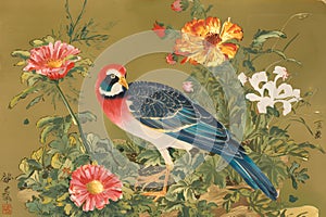 Vintage Japanese style painting depicting colorful bird amidst flowers