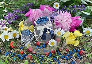 Vintage jar with ripe of honeysuckle berry, strawberry and flowers