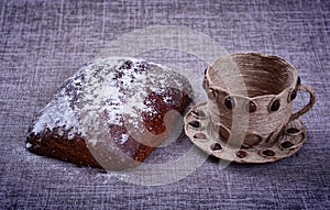 Vintage jar of white flour stands in the middle of a pile of grain o