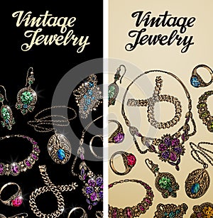 Vintage jewelry. Precious metal, gold, silver and gems. Vector illustration