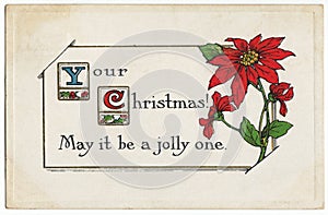 Vintage Jolly Christmas Postcard Poinsettia