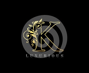 Vintage K Letter Luxury Logo. Letter K With Gold Floral Shape design perfect for fashion, Jewelry, Beauty Salon, Hotel Logo. Cosme