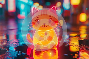 Vintage Kawai cute happy little cat in neon style photo