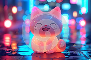 Vintage Kawai cute happy little cat in neon style photo