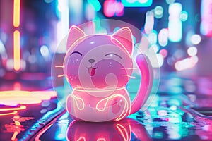 Vintage Kawai cute happy little cat in neon style photo