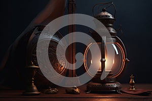 Vintage kerosene lamp with burning candle on a dark background Ai generative