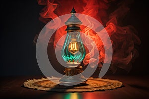 Vintage kerosene lamp on wooden table with smoke on background. generative ai