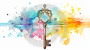 Vintage key with colorful watercolor splashes. Concept of mystery, vintage charm, unlocking, creative design, antique