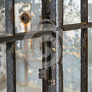 Vintage key hanging on rusty metal gate