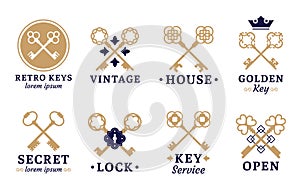 Vintage key label. Old keys emblem, retro lock and key service vector set