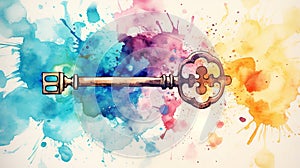 Vintage key over a dynamic watercolor blend. Concept of mystery, vintage charm, unlocking, creative design, antique keys