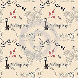 Vintage key pattern with wine stains, old keys, stamp imprints, steampunk butterfly outline, on background of old shabby