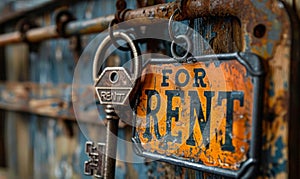 Vintage key with a FOR RENT sign hanging on a ring against a rustic wooden background, representing real estate rental