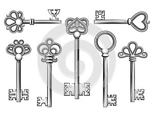 Vintage key vector set in engraving style