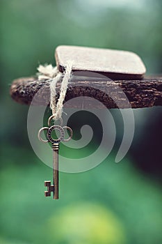 Vintage key with wooden home keyring hanging on old wood plank with blur green garden background, copy space