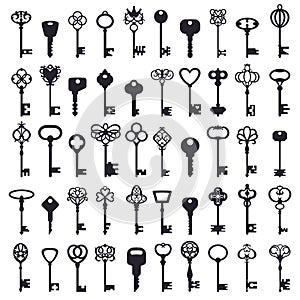 Vintage keys. Antique ornamental safe key, old and modern keys classic silhouettes. House security key symbols vector