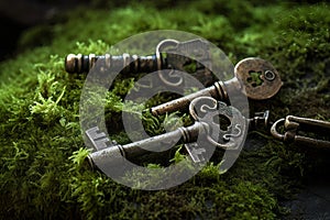 Vintage keys on green moss plant. Generate ai