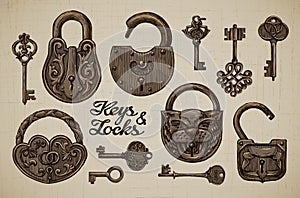 Vintage Keys and Locks. Hand-drawn collection of vector retro objects