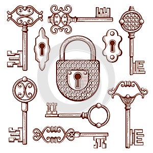 Vintage keys, locks and padlocks hand drawn vector illustration photo