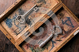 Vintage keys in an old box with a shabby paint