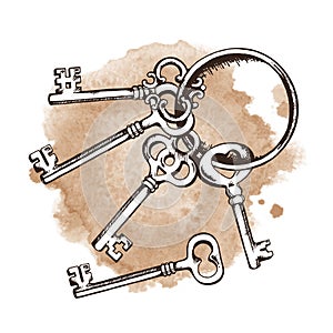 Vintage keys over watercolor background. Vector illustration