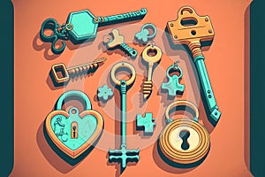 vintage keys and padlock overhead lay flat composition security concept