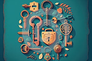 vintage keys and padlock overhead lay flat composition security concept