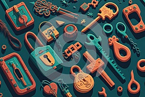vintage keys and padlocks overhead lay flat composition security concept