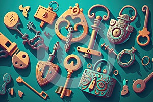 vintage keys and padlocks overhead lay flat composition security concept