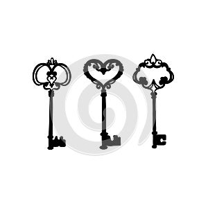 Vintage Keys Set. Retro objects. Black Silhouettes on a white background in a simple cartoon style.