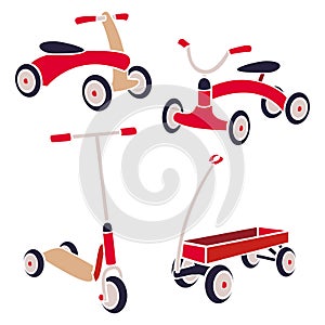 Vintage Kids Toys Bicycle, Kick Scooter, Red Wagon. Vector Collection