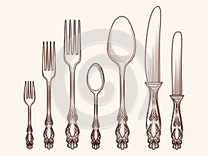 Vintage kitchen cutlery objects sketch