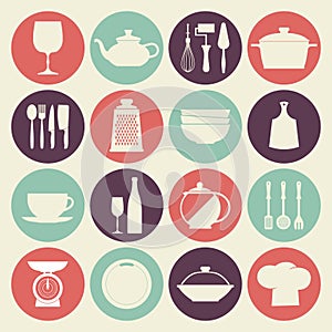 Vintage kitchen dishes icons set