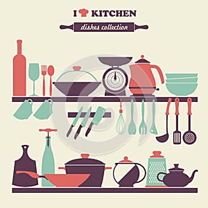 Vintage kitchen dishes icons set