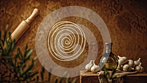 Rustic beverage setup with clay pot, herbs and kitchen items