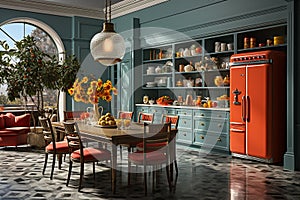 Vintage kitchen midcentury modern design, characterized by clean lines and iconic shapes, bright color from 60s and 70s