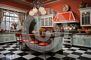 Vintage kitchen midcentury modern design, characterized by clean lines and iconic shapes, bright color from 60s and 70s