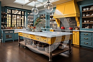 Vintage kitchen midcentury modern design, characterized by clean lines and iconic shapes, bright color from 60s and 70s