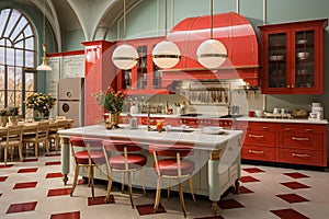 Vintage kitchen midcentury modern design, characterized by clean lines and iconic shapes, bright color from 60s and 70s