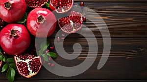 Vintage Kitchen Still Life oil painting of Pomegranates in a bowl, on a table, pure black background.Generative AI