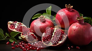 Vintage Kitchen Still Life oil painting of Pomegranates in a bowl, on a table, pure black background.Generative AI