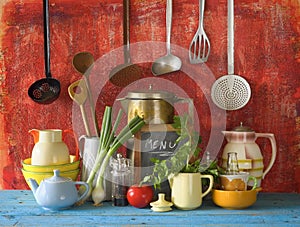 vintage kitchen utensils and food