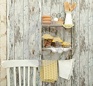 Vintage kitchen utensils and spices(cinnamon,cloves,turmeric) in