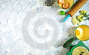 Vintage kitchenware creative layout top view on white textured background.