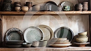 Vintage kitchenware and rustic ceramic dishes on a shelf.