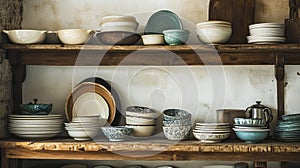 Vintage kitchenware and rustic ceramic dishes on a shelf.