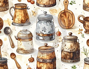 Vintage Kitchenware Watercolor Pattern - Rustic Charm and Nostalgic Design