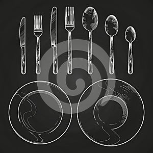 Vintage knife, fork, spoon and dishes in sketch engraving style. Hand drawing cutlery on blackboard